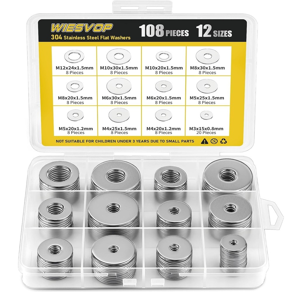 108Pcs 304 Stainless Steel Flat Washers, Fender Washers Assortment Kit 12 Sizes