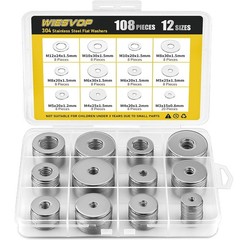 108Pcs 304 Stainless Steel Flat Washers, Fender Washers Assortment Kit 12 Sizes