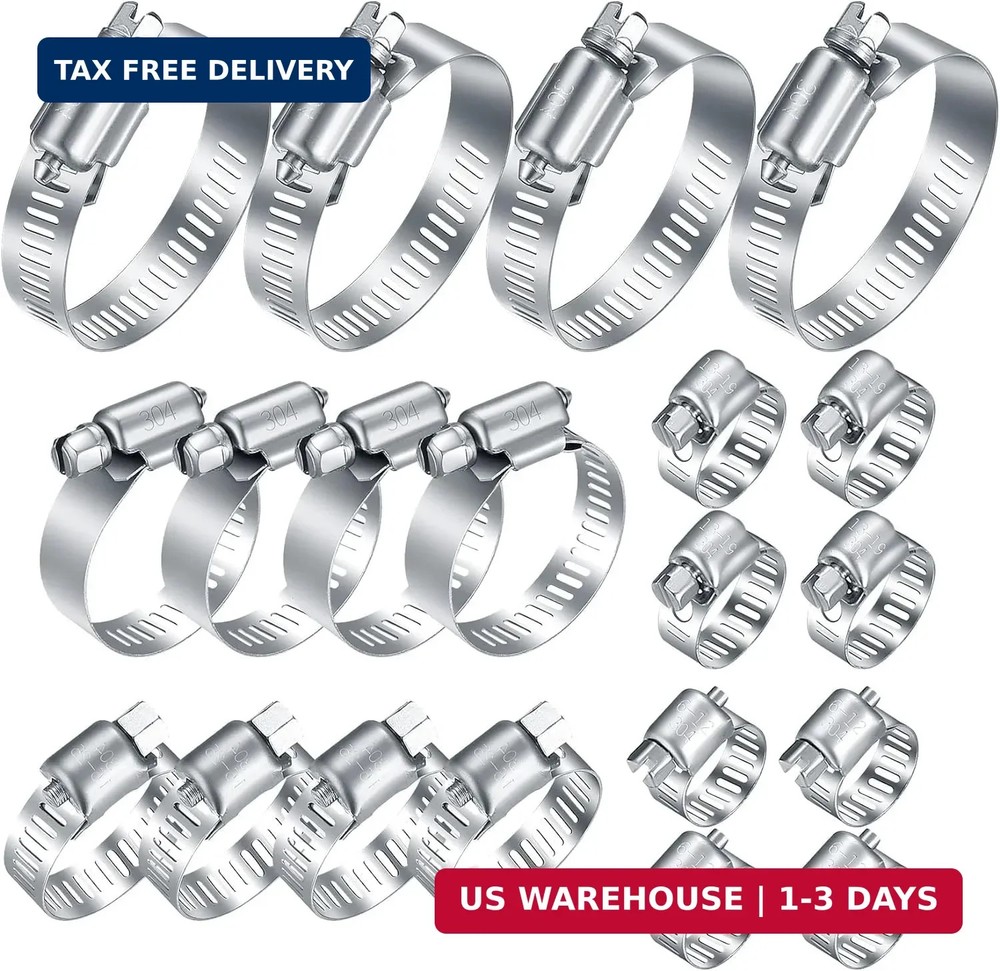 20Pcs Adjustable Stainless Steel Hose Clamps Assortment Kit, 1/4-2 in (6-51mm) W