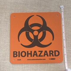 Biohazard 7 in. x 7 in. Plastic Sign with Graphic, Black Text on Orange Base