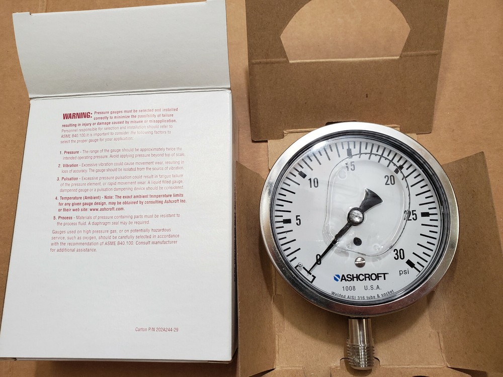 ASHCROFT 10-1008-SL-02L-30 100m Steel Pressure Filled Gauge 30 psi 101008SL02L30