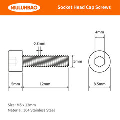 M5-0.8 x 12mm Hex Socket Head Cap Screws Bolts 304 Stainless Steel Metric Machin