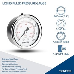 SENCTRL 0-160 Psi Glycerin Liquid Filled Air Pressure Gauge, 2.5″ 0-160Psi