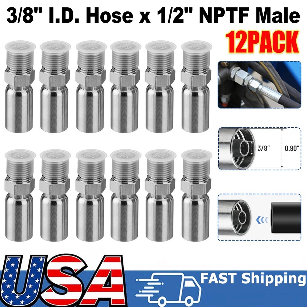 12 Pack 1/2″ NPTF Hydraulic Hose Crimp Fittings, 3/8″ I.D. Hose x 1/2″ NPTF Male