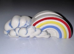 Vintage 1982 ceramic pride rainbow with clouds desk top business card holder
