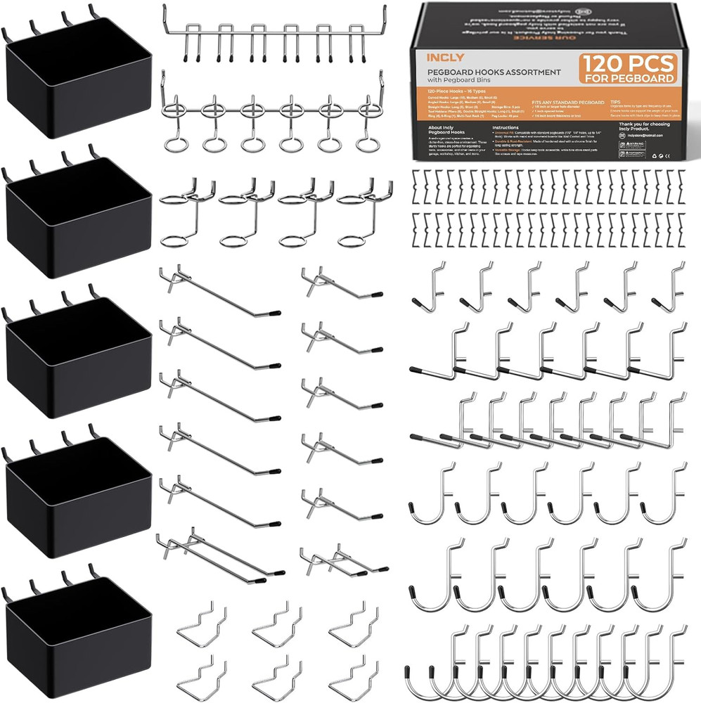 120PCS Pegboard Accessories Organizer Kit, Peg Board Hooks Assortment with Bins