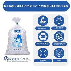 ASSUREPAK 50LB Ice Bags – 125 Bags – 18″x36″ – 3.0 mil Clear Plastic – Commer…