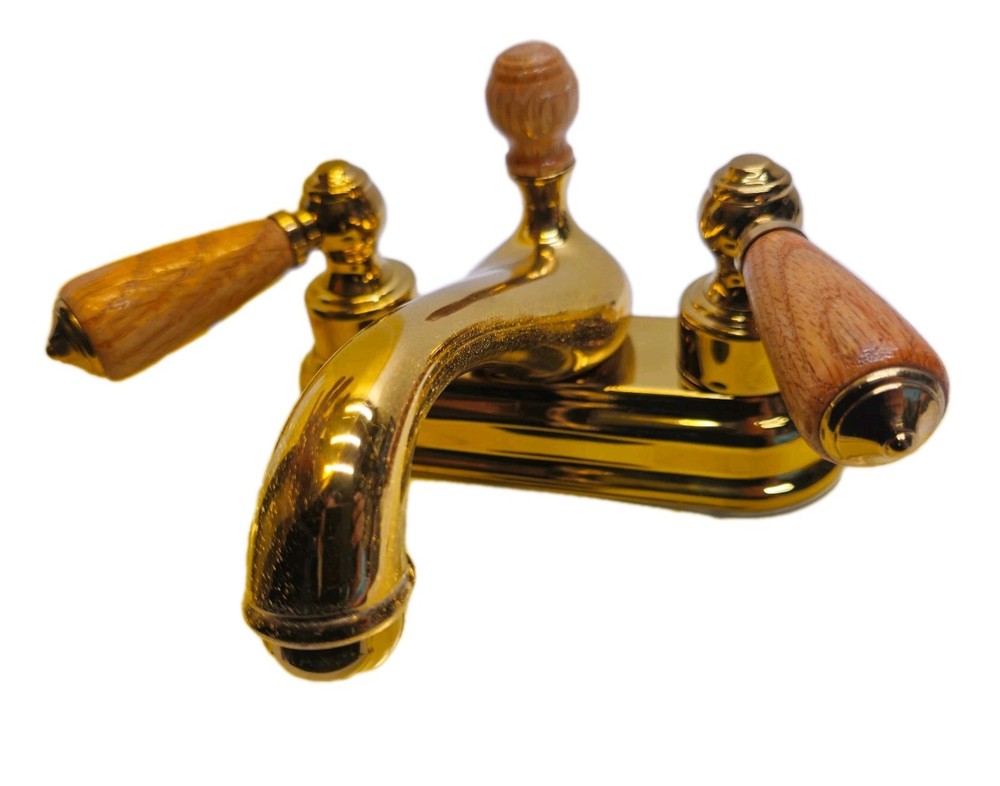 Bel-Air Solid Brass Bathroom Sink Faucet Gold Wood Handles Pop-Up Drain NOS Vtg