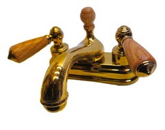 Bel-Air Solid Brass Bathroom Sink Faucet Gold Wood Handles Pop-Up Drain NOS Vtg