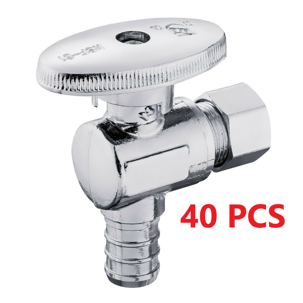 40PCS 1/2 Inch Pex X 3/8 Inch OD Brass 1/4 Turn Angle Stop Valve (LEAD-FREE)