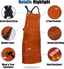 Leather Welding Apron with 6 Pockets – Heat & Flame-Resistant Apron, 24” X 42”