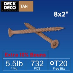 732 PCS 8×2 Inch Wood Screws Tan Ruspert Coating, Torx Star Drive Flat Bit Box