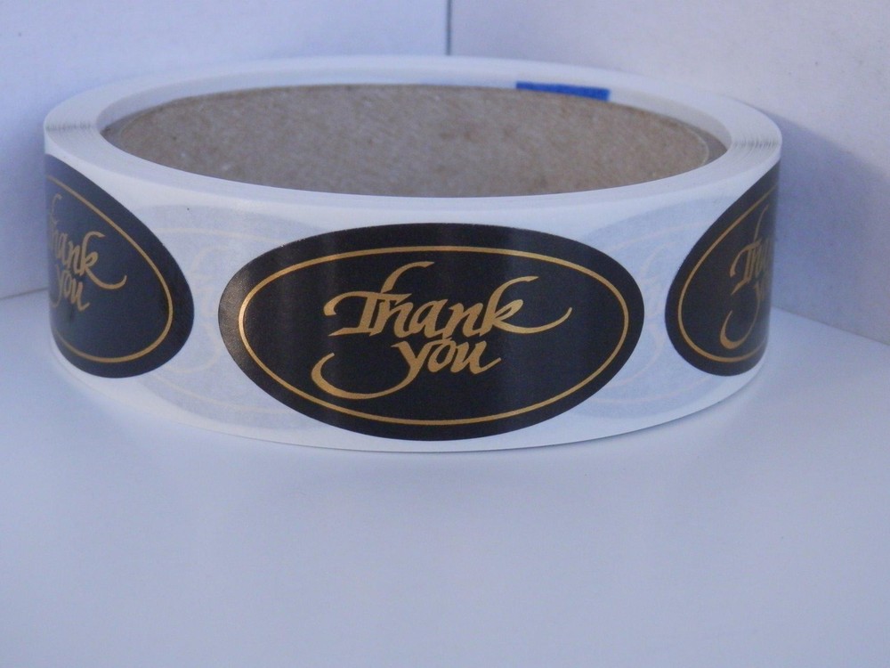 THANK YOU 1×2 oval Stickers Labels bright gold letters black bkgd 250/rl