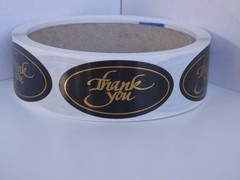 THANK YOU 1×2 oval Stickers Labels bright gold letters black bkgd 250/rl