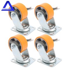 4″ Side Brake Polyurethane Plate Casters, 3200 Pounds, Silver + Qrange, 4 Pieces