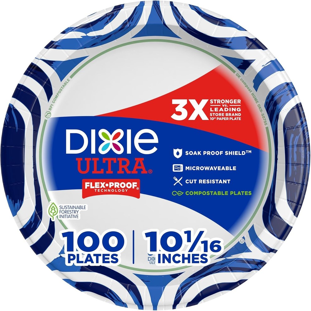 Dixie Ultra, Large Paper Plates, 10 Inch, 100 Count (Pack of 1, White/Indigo