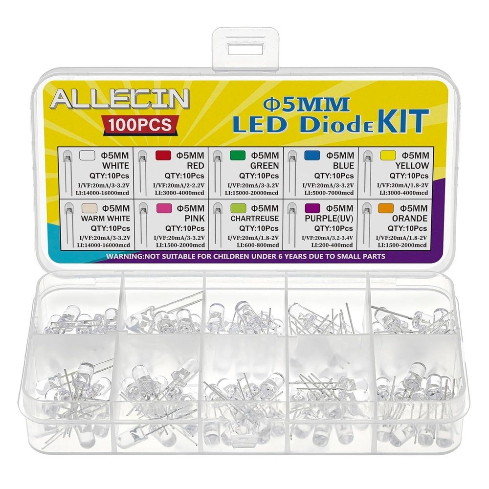 100pcs 5mm LED Diode Light Assortment Kit 10 Colors White Red Green Blue Yellow