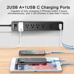 6Ft Power Strip Surge Protector 6 AC Outlets 3 USB Ports Extension Cord Black