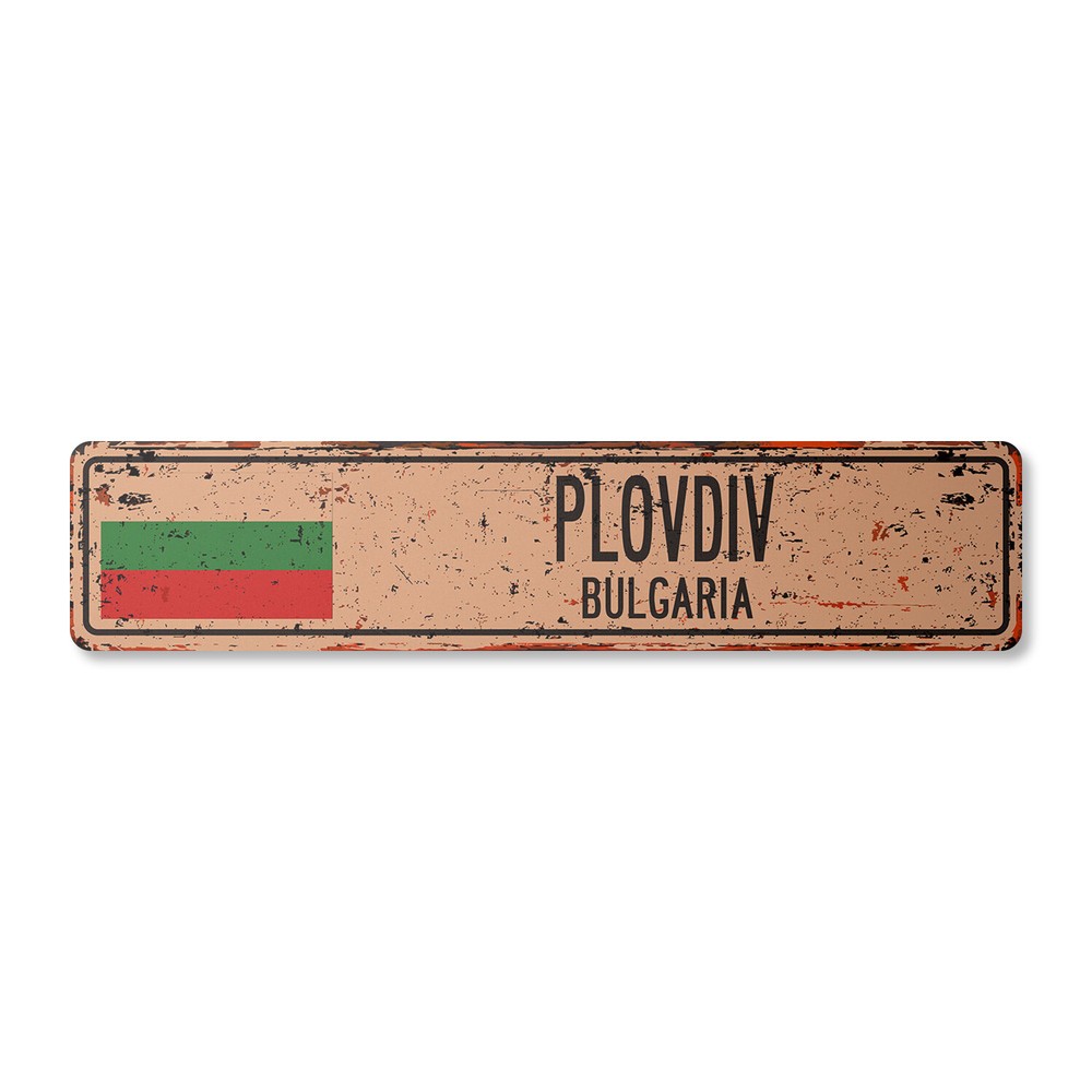 PLOVDIV BULGARIA Vintage Street Sign Bulgarian flag city country road rustic
