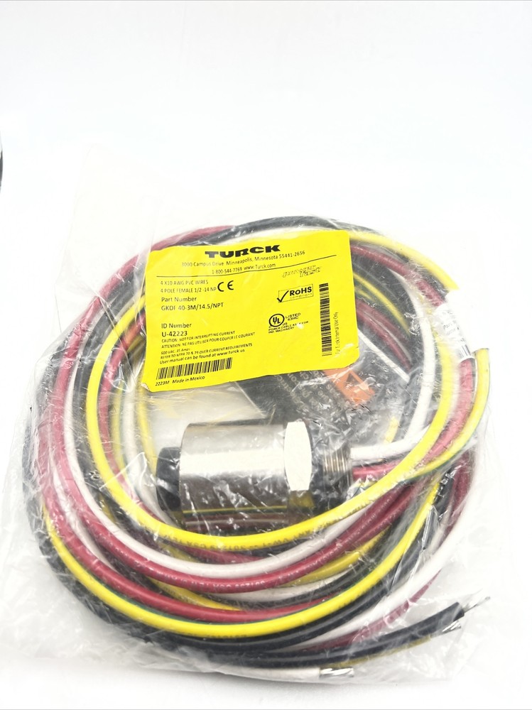 Turck Power Fast 4 Pole Female 1/2-14NP 28A 551-600V GKDF40-3M/14.5/NPT U-42223