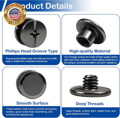 25 Sets M5 X 4Mm Chicago Screws, 3/16(5Mm) Black Leather Rivets, Carbon Steel Ph