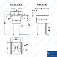 26 in. x 22 in. Stainless Steel One Compartment Sink. 16 in x 20 in x 12in Bowl
