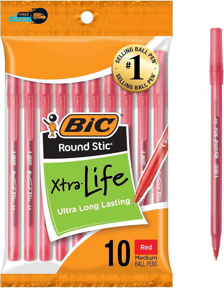 round Stic Xtra Life Red Ballpoint Pens Medium Point (1.0Mm)10-Count Pack