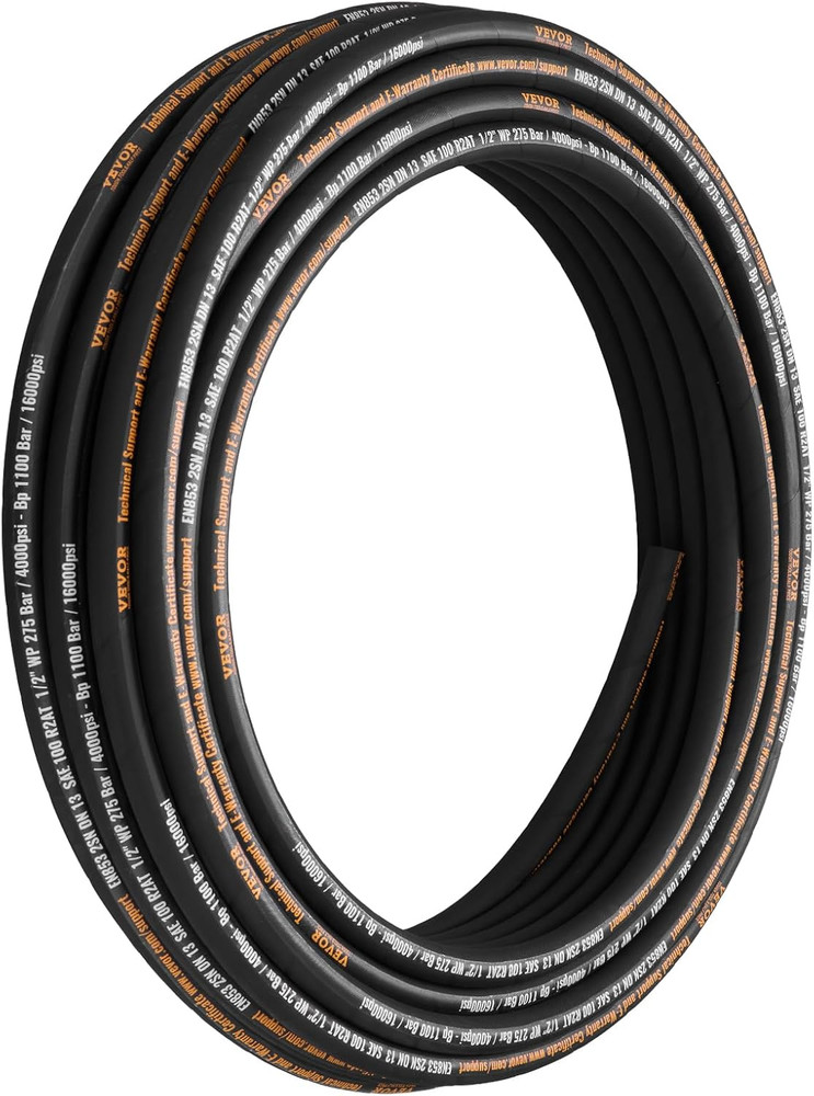 Flexible Hydraulic Hose – 1/2 x 100 ft 4000 PSI Rubber with 2 Wire Braid …