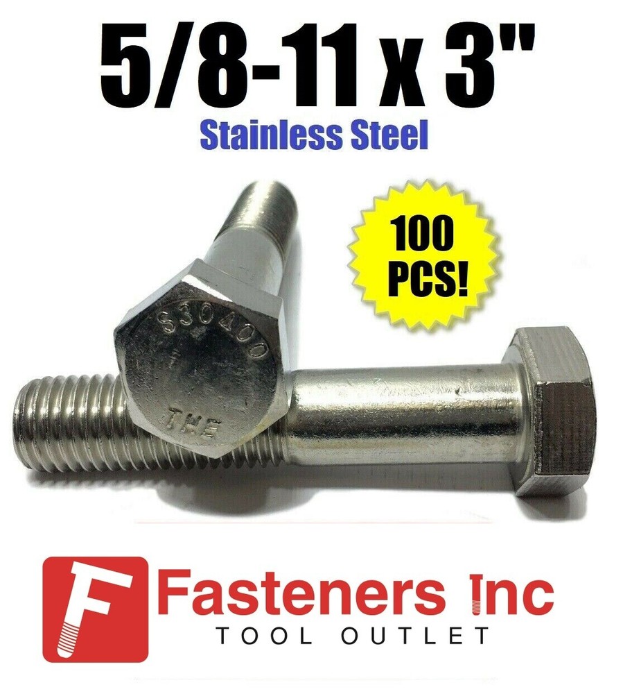 (Qty 100) 5/8-11 x 3″ Stainless Steel Hex Cap Screw / Bolt 18-8 / 304 Bulk Box