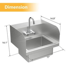 Wall Mount Hand Wash Sink – Commercial Kitchen Stainless Steel w Side Splashes