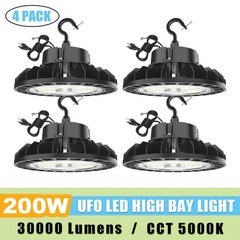 4Pack 200W-30000LM LED High Bay Light with US Plug Cable UFO Light for Warehouse