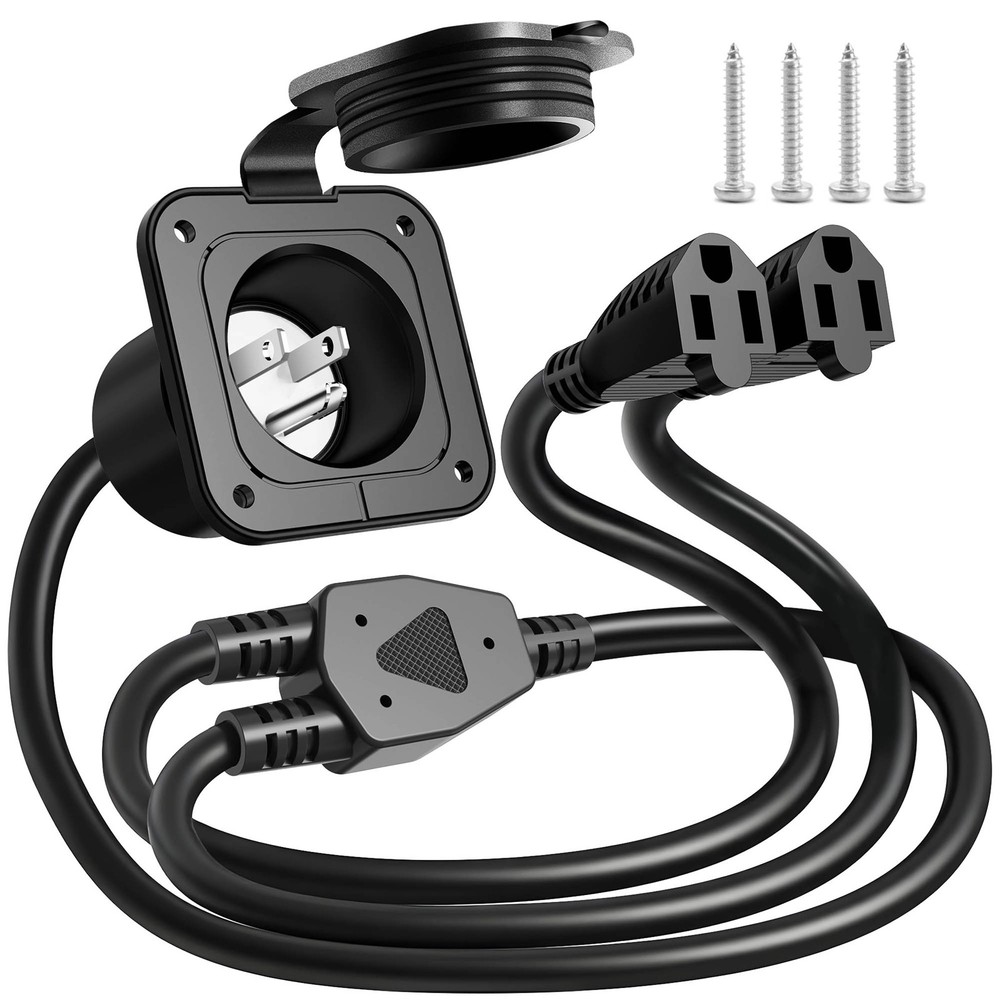 RV Shore Power Inlet – 15A NEMA 5-15P, 125V AC Flanged Inlet Plug 18″ Extension