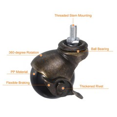 2 Inch Ball Caster Wheels with Brake, 4pcs Threaded Stem Caster, Bronze Tone