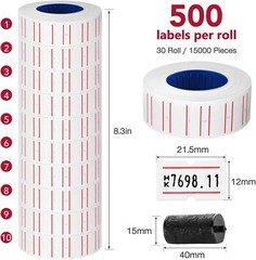 30 Rolls 15000pcs White Price Gun Labels 30 Red Line + 3 Refill Inks
