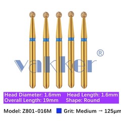 Vakker 5pc Dental Zirconica Diamond Burs w/ Metal Holder Z801 Z801L Round Shape