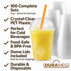 DURAMEG 12oz Clear PET Cups with Dome Lids 100 Pack | Disposable Smoothie Cups