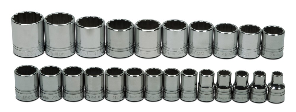 24pc 10-36mm 1/2″Drive 12 Point Shallow Chrome Socket Set Clip Rail Williams USA