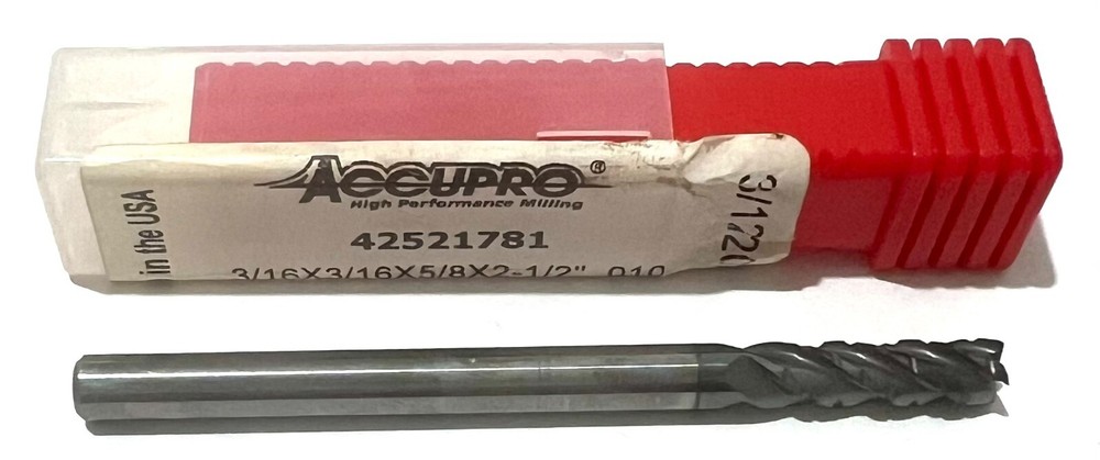 Corner Radius End Mill: 3/16″ Dia, 5/8″ LOC, 0.0100″ Radius, 4 Flute, Solid Carb