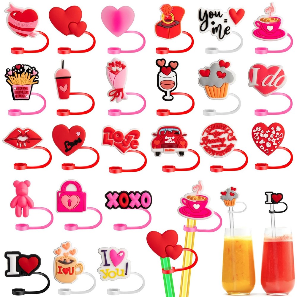24 PCS Valentine’s Day Straw Toppers, 8mm Heart 6-8mm, Red, Pink, White
