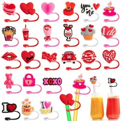 24 PCS Valentine’s Day Straw Toppers, 8mm Heart 6-8mm, Red, Pink, White