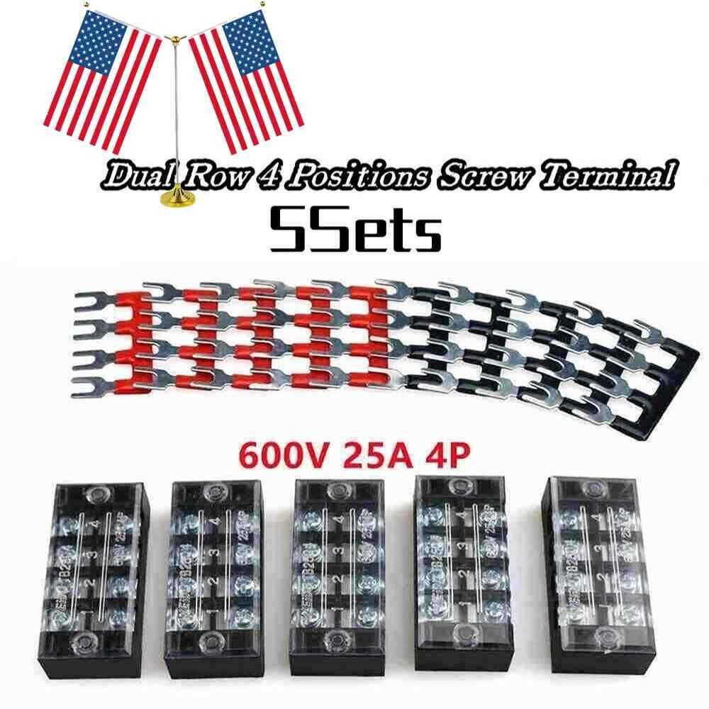 25A 5Sets Dual Row 4 Positions Screw Terminal Electric Barrier Strip Block 600V
