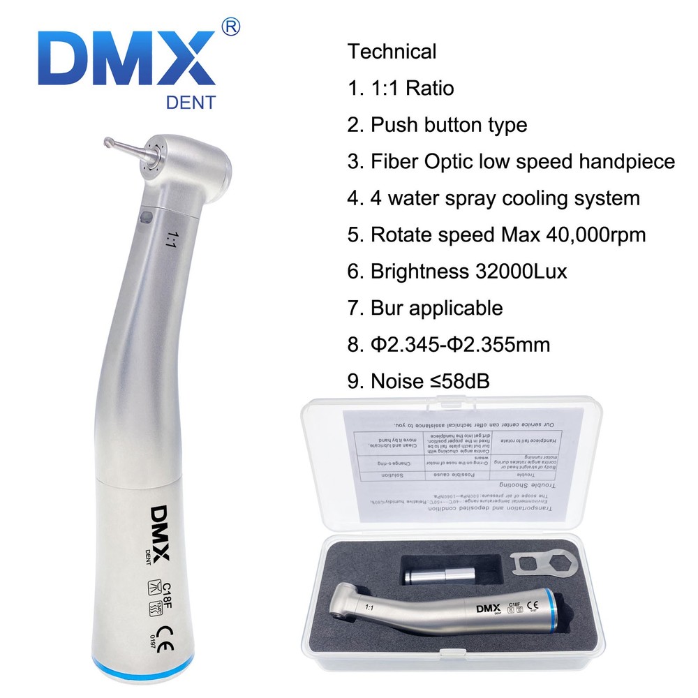 DMXDENT C8F Dental 1:1 Fiber Optic LED Contra Angle Handpiece Low Speed Fit NSK