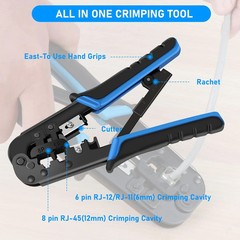 RJ45 Crimp Tool for Cat5 Cat5e Cat6, RJ-11, 6P/RJ-12, 8P/RJ-45 Crimp, Cut and St