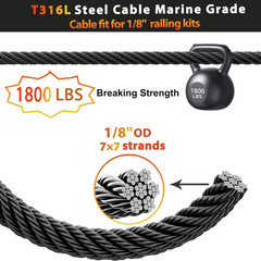 700Ft 1/8″ Black Cable Railing Wire Rope, T316L Marine Grade Stainless Steel Cab