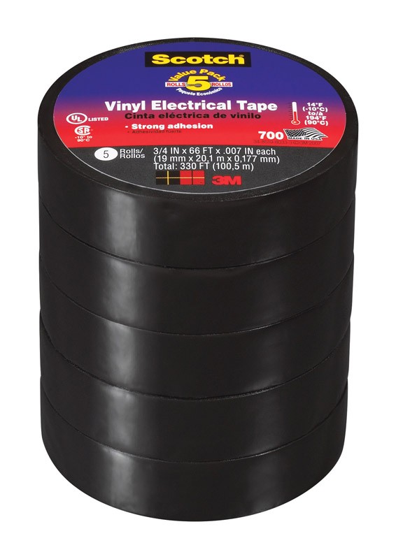 5-Pack 3M Scotch 3/4 in. Black Vinyl Electrical Tape 66 ft.