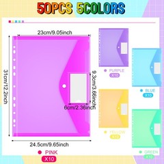 Fuutreo 50 Pcs Binder Pockets for 3 Ring Plastic Envelopes Bright Colors