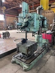 4′ x 11″ Radial Drill, Carlton, power elevation & clamp. Tilting Box Table.