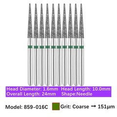 10pc Dental 859-016C Diamond Burs FG Coarse Grit Needle Shape Friction Grip Bur