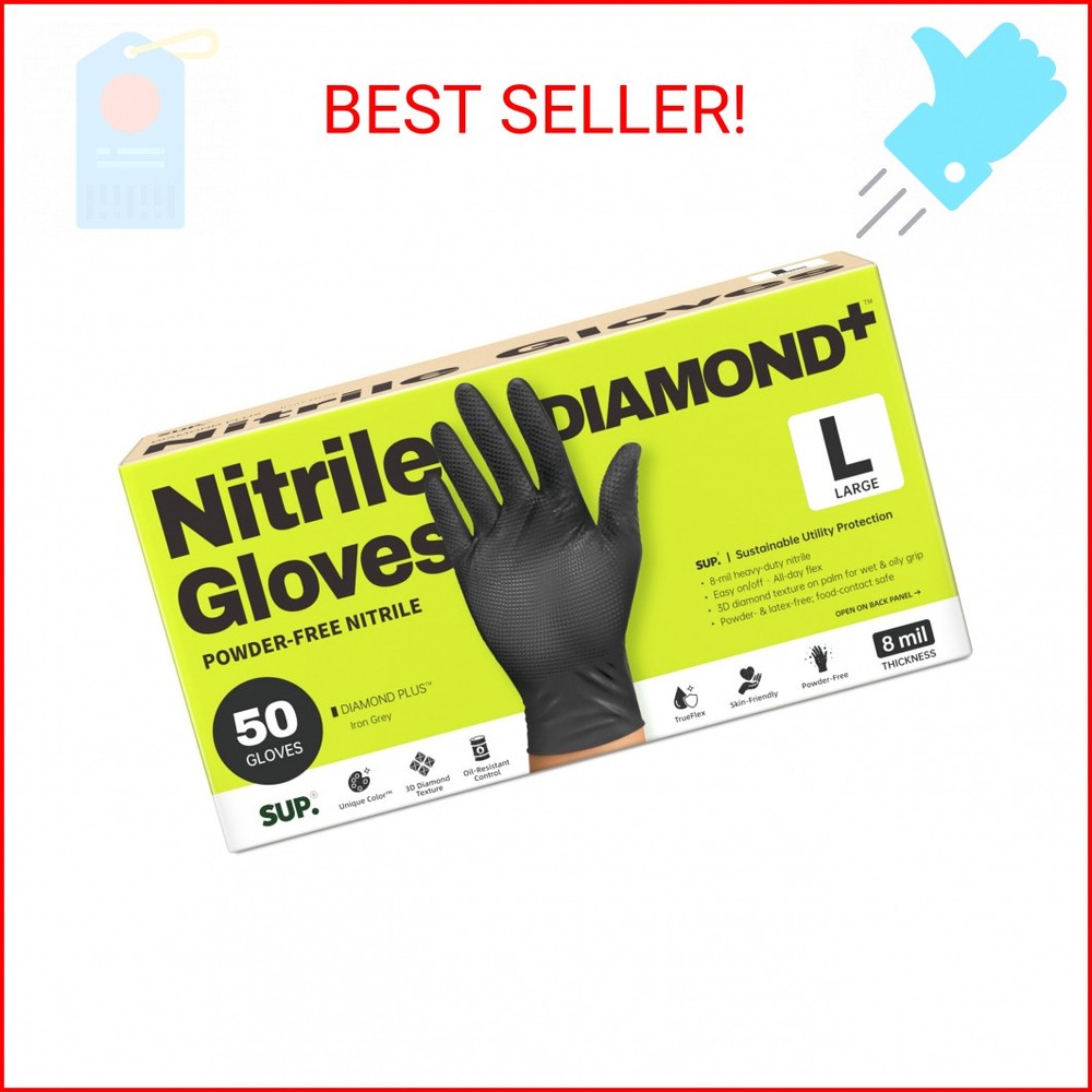 SUPER+ HEAVY DUTY Nitrile Gloves 8 Mil Diamond Texture Disposable Chemical Resis