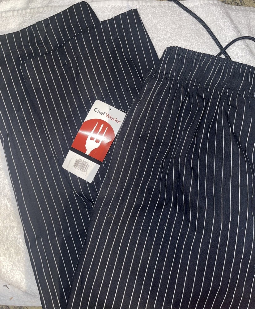 Chef Works Men’s Designer Baggy Chef Pants, Black W/ Wht Pinstripe, XL